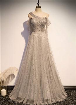 Picture of Grey One Shoulder Pearls Tulle Long Evening Dresses, Light Grey Party Dresses Formal Dresses